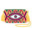 Pochette Soleico Clutch Wayuu avec Motif Oeil brodé Mauve Vert. Fait main motif Evil Eye. Artisanat Ethnique Responsable. Modèle similaire Enayim design Sac Colombien