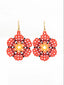 Boucles d'Oreilles artisanales Rouge, Orange & Noire - Motif Fleur - Zoom Face