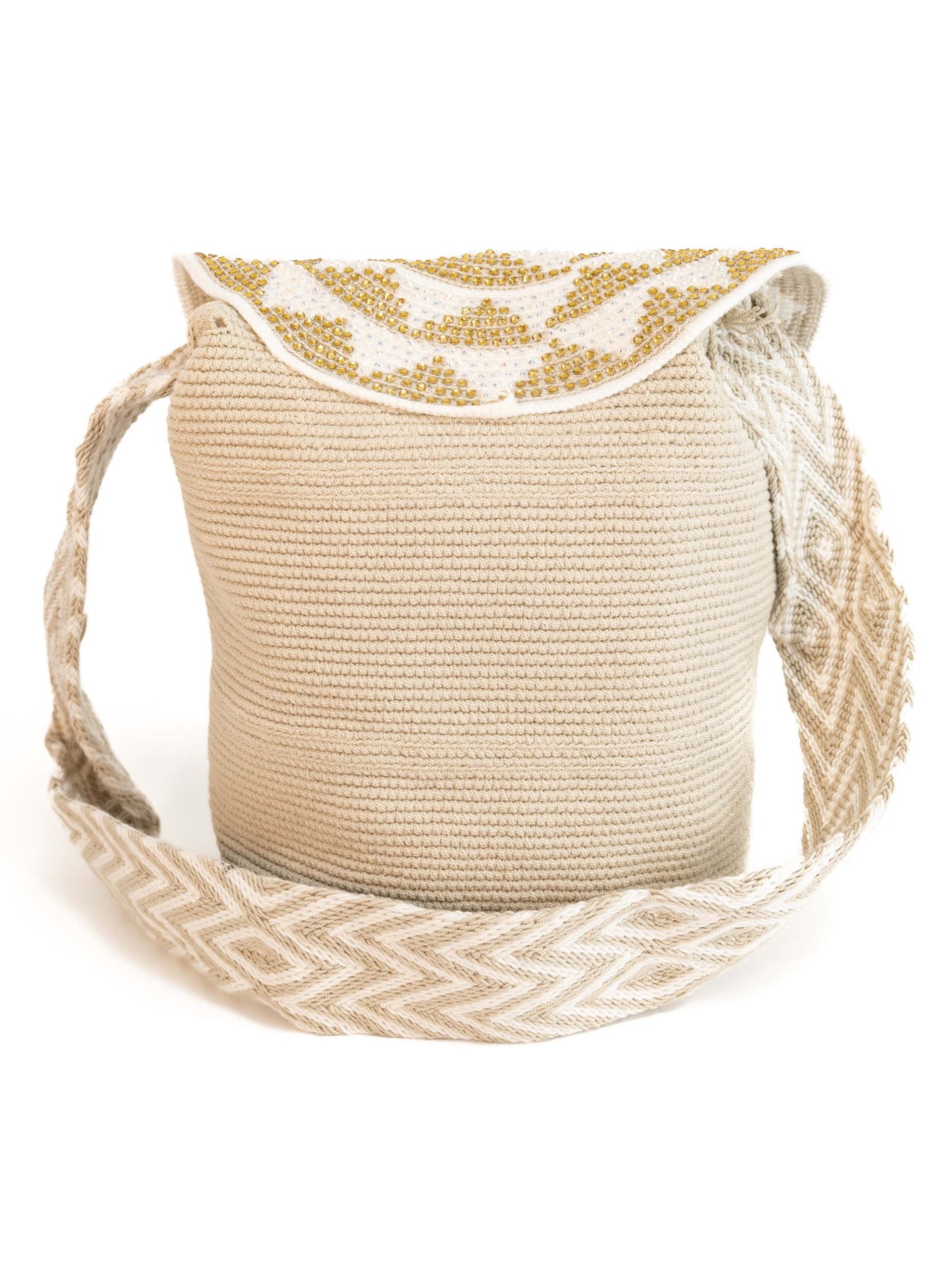 Mochilas Wayuu Beige et blanc avec rabat strass Zoom produit dos