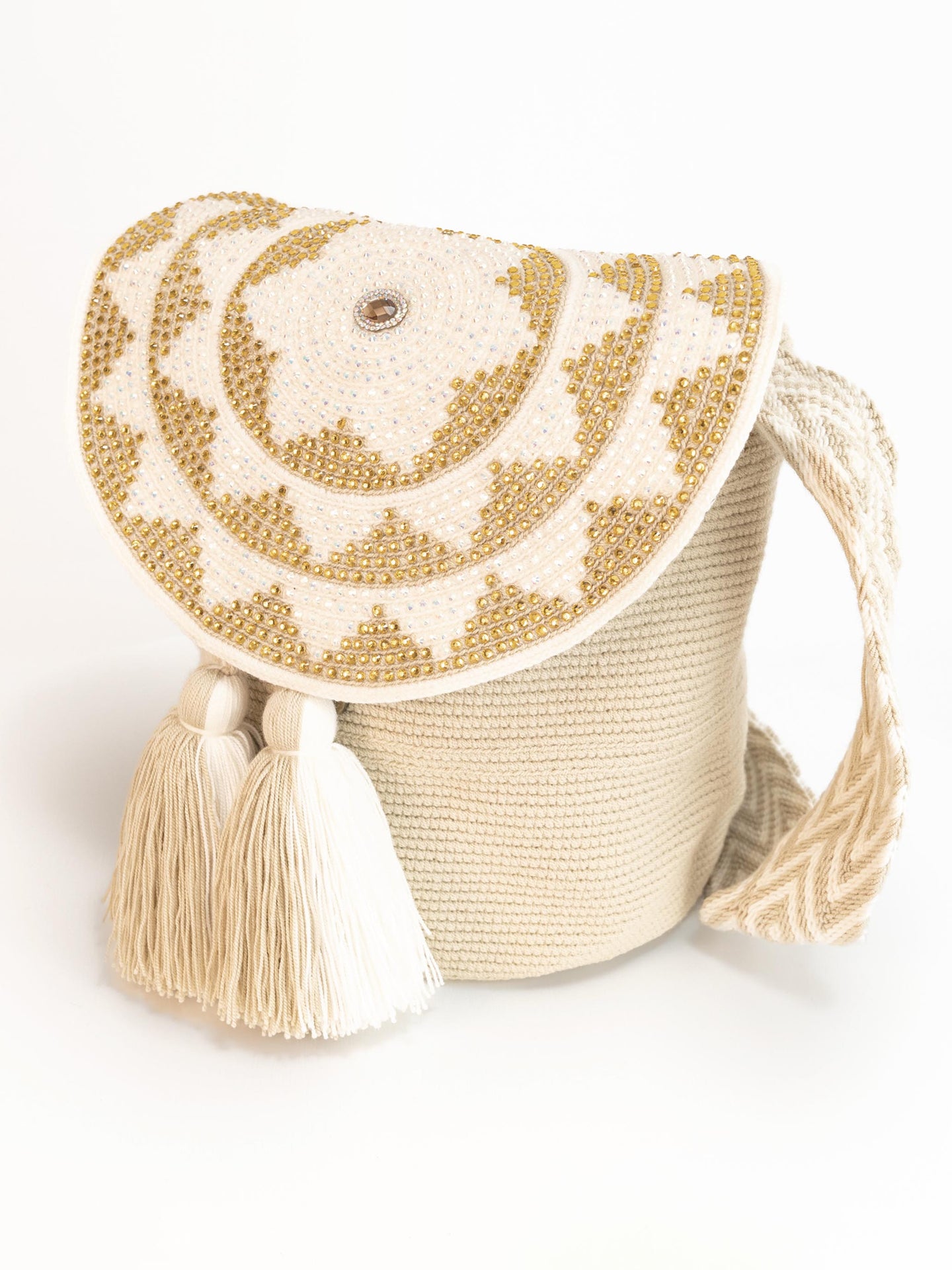 Mochilas Wayuu Beige & Blanc avec rabat à Strass - Taille L