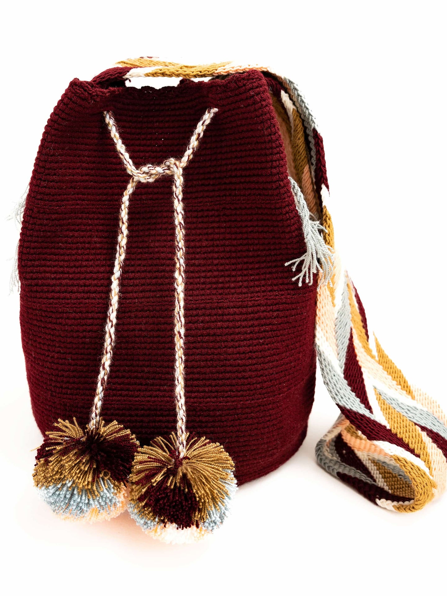 Wayuu Mochilas | Bordeaux & pompons | Sac seau Style Bohème Chic | Artisan du monde