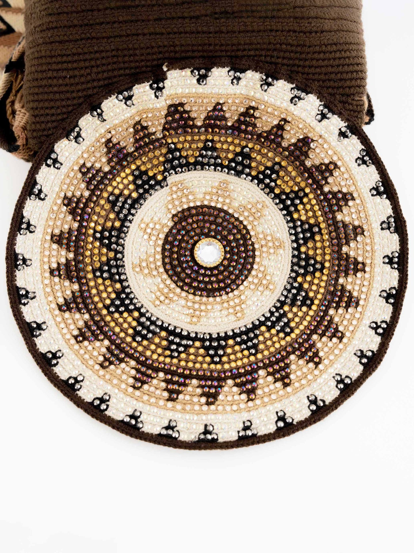 Mochilas Wayuu Marron avec Rabat à Strass. Vue Rabat