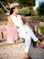 Wayuu Mochilas | Rose & Blanc avec fleur tressée | Sac seau Style Bohème Chic | Artisan du monde