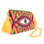 Pochette Soleico Clutch Wayuu avec Motif Oeil brodé Mauve Vert. Fait main motif Evil Eye. Artisanat Ethnique Responsable. Modèle similaire Enayim design Sac Colombien