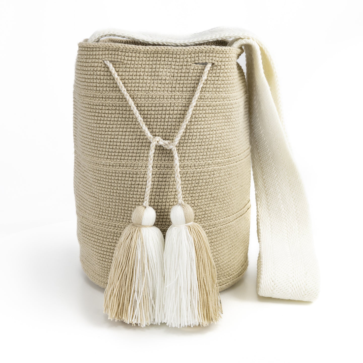 Soleico sac colombien bandoulère Sac iconique Wayuu Beige & blanc Bohème chic Zoom produit face