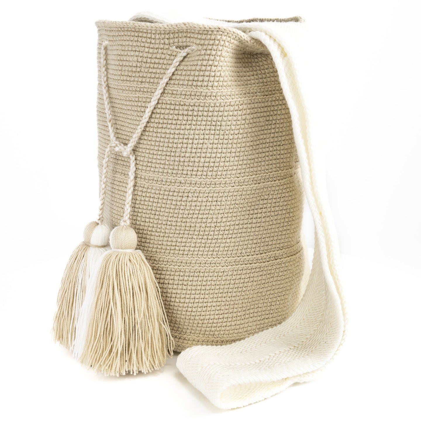 Soleico sac colombien bandoulère Sac iconique Wayuu Beige & blanc Bohème chic Zoom produit 3/4